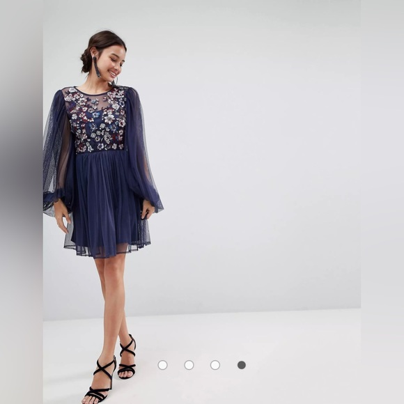 ASOS Mesh Blouson Sleeve Mini Dress with Floral Embroidered Bodice - Picture 2 of 7
